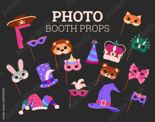 Photo booth props and masks, magic items set of vector illustrations isolated.