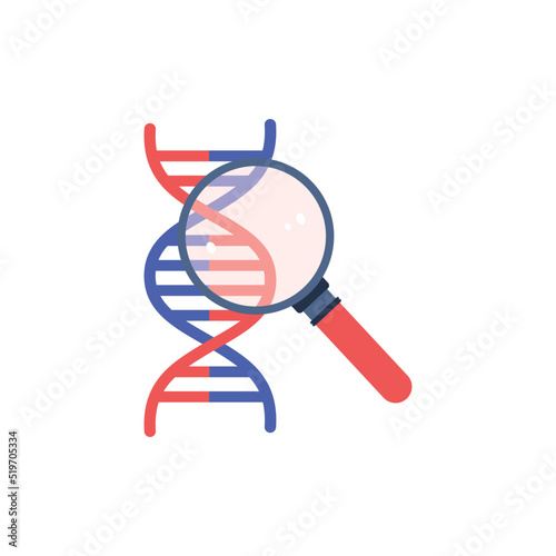 Abstract DNA helix research with magnifying glass, flat vector illustration isolated on white background.