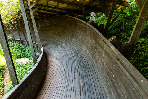 Abandoned wooden luge track in Murjani, Latvia.