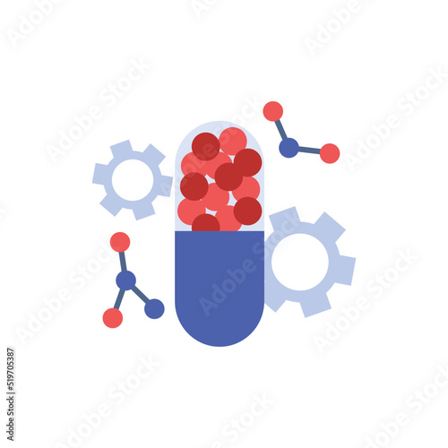 Huge capsule with rounds, molecules and gears flat style, vector illustration