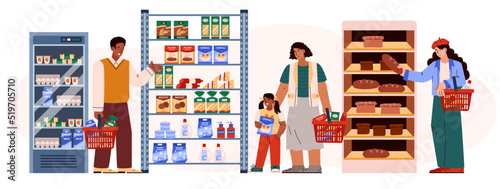 Happy people with shopping baskets choose different goods in supermarket flat style