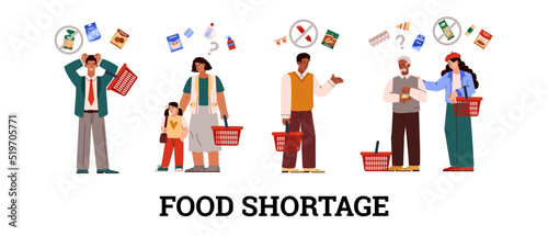 Food crisis and shortage, sad people in supermarket, flat vector illustration isolated on white. photo