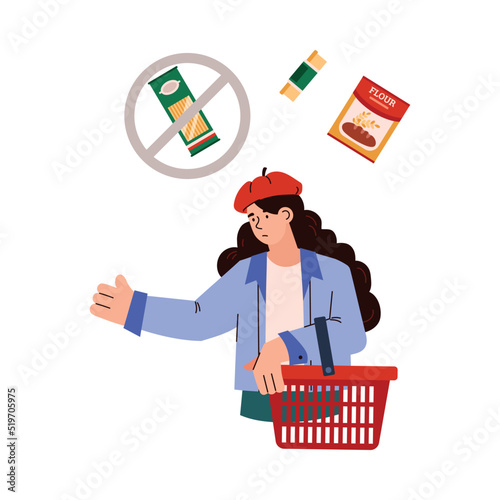 Food crisis with woman refusing to buy expensive groceries, vector illustration.