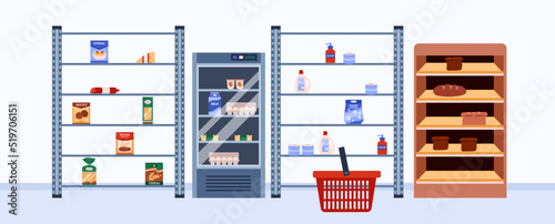 Half empty supermarket shelves, red shopping basket flat style