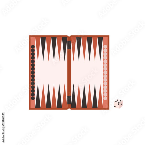 Backgammon brown board with chips and dice flat style