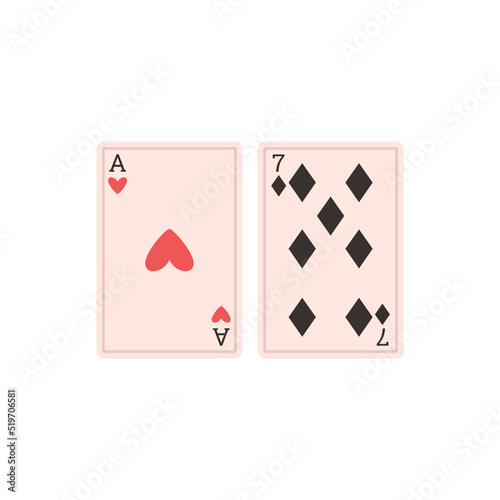 Playing cards - red heart ace and black diamond seven, flat vector illustration isolated on white background.