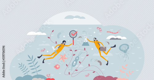 Marine biology and ocean wildlife exploration occupation tiny person concept. Professional scuba science expedition to research river, sea creatures, plants or maritime habitats vector illustration.