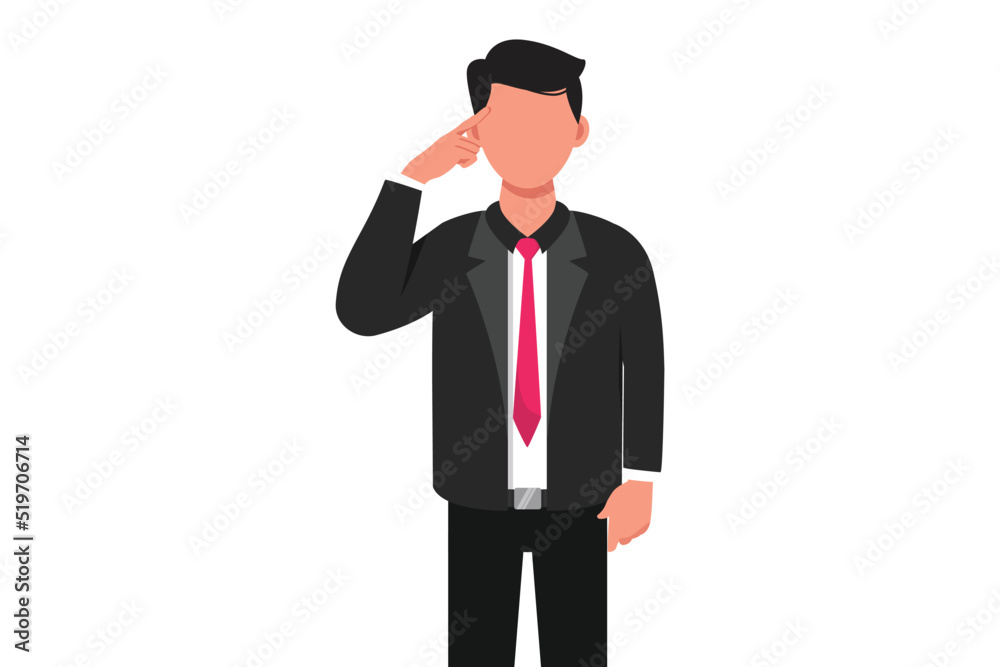 Business flat cartoon style drawing businessman holding or touching finger on forehead. Thoughtful male manager thinking and looking up. Modern lifestyle concept. Graphic design vector illustration Business flat cartoon style drawing businessman holding or touching finger on forehead. Thoughtful male manager thinking and looking up. Modern lifestyle concept. Graphic design vector illustration