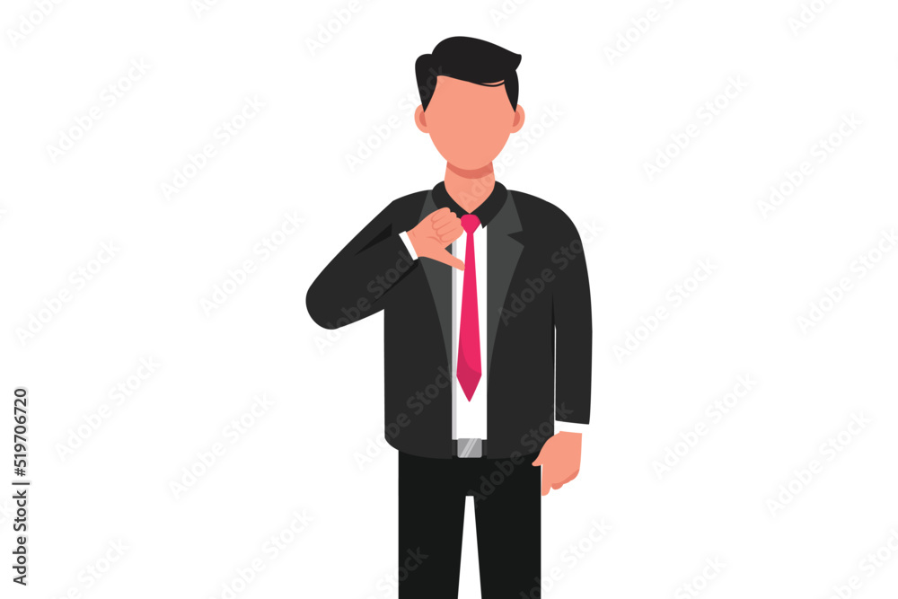 Business flat drawing businessman showing thumbs down sign, dislike, looks with negative expression and disapproval. Disagreement, disgust and negative expressions. Cartoon design vector illustration
