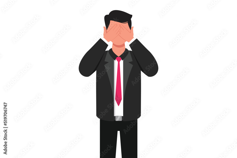Business design drawing businessman covering or closing his eyes with hands and making don't see gesture. Man shows scary, fear, does not want to see gesture. Flat cartoon style vector illustration