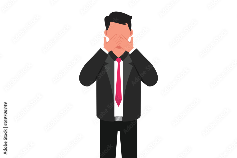 Business flat drawing businessman keep secret be quiet concept. Keeping mouth shut. Shocked man covering mouth with both hands. Male worker covering mouth with hand. Cartoon design vector illustration Business flat drawing businessman keep secret be quiet concept. Keeping mouth shut. Shocked man covering mouth with both hands. Male worker covering mouth with hand. Cartoon design vector illustration