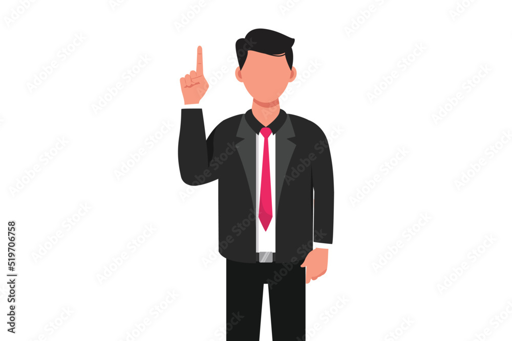 Business flat cartoon style drawing happy businessman pointing index finger up gesture. Male manager raising or lifting hand to upward. Emotion and body language. Graphic design vector illustration Business flat cartoon style drawing happy businessman pointing index finger up gesture. Male manager raising or lifting hand to upward. Emotion and body language. Graphic design vector illustration
