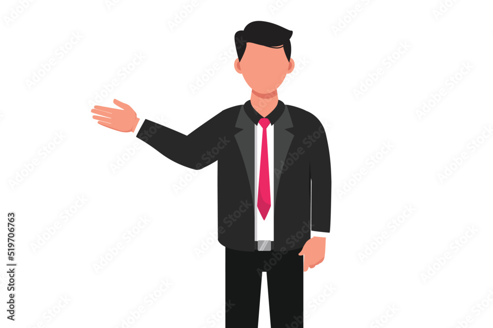 Business design drawing young businessman points with his hand to present something. Confident male manager presentation, demonstrating, introducing something. Flat cartoon style vector illustration