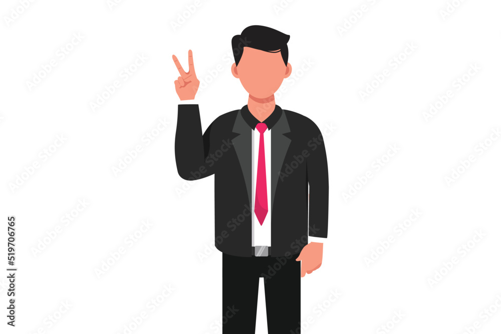 Business design drawing businessman showing peace gesture with fingers. Male character with victory sign. Expression of feelings and emotions. Body language. Flat cartoon style vector illustration