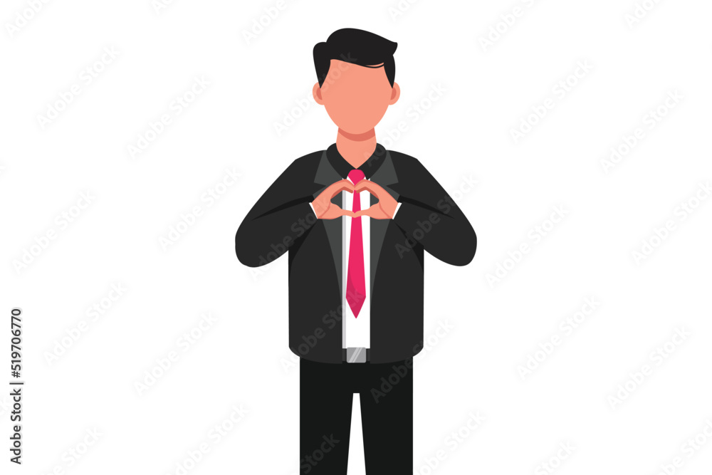 Business flat drawing standing businessman showing heart sign with his hands expressing love, passion, support and care. Man making heart gesture in front of chest. Cartoon design vector illustration