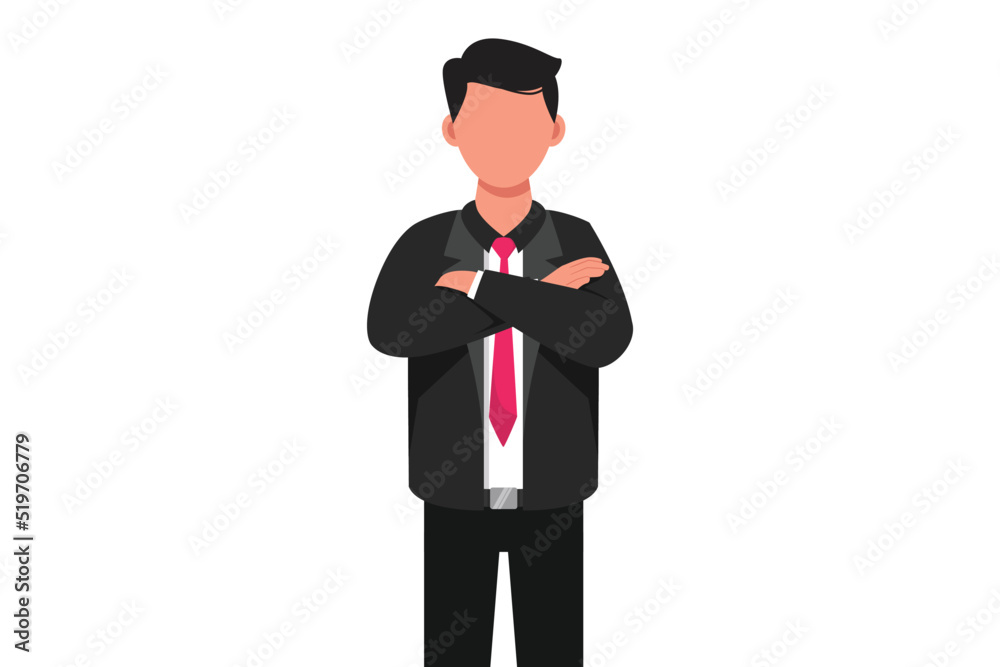 Business flat drawing young smiling businessman man with arms crossed. Male manager with folded hands looking or thinking for something. Success office worker. Cartoon style design vector illustration