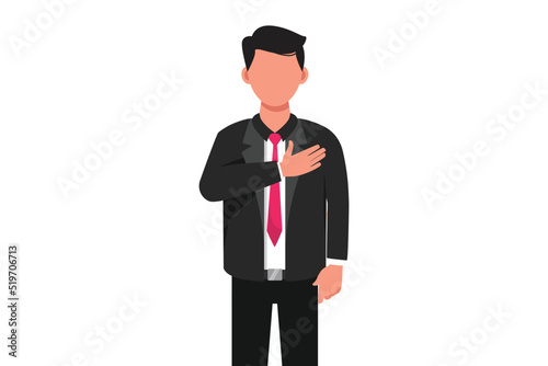 Business flat drawing pleasant looking kind businessman keep hand on chest, expresses gratitude, being thankful for help and support, showing heart filled with love. Cartoon design vector illustration
