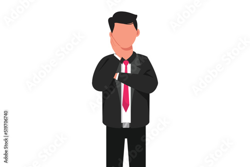 Business flat cartoon style drawing businessman feels toothache. Bad tooth, dental abscess. Man holding cheek with hand, suffering from tooth ache. Illness on teeth. Graphic design vector illustration