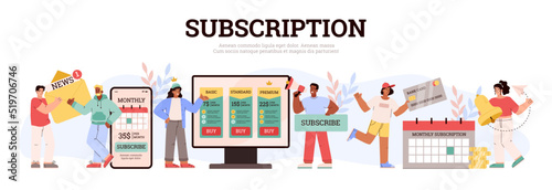 Subscription concept banner with people choosing subscription plan, flat vector illustration on white background. photo