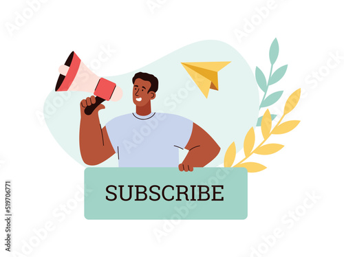 Businessman calling for subscription, flat vector illustration isolated.