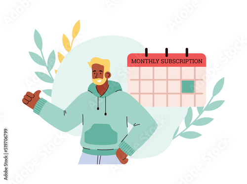 Calendar with marked day for monthly subscription payment, flat vector illustration isolated on white background.