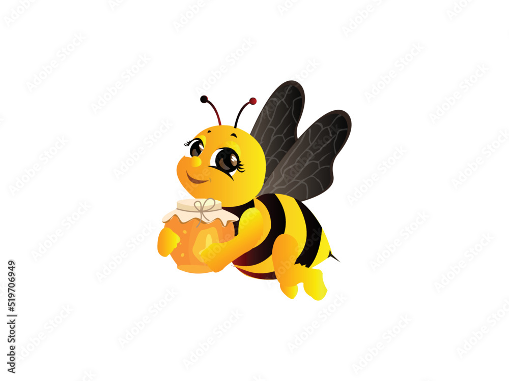 Cute Bee Mascot Character Vector illustration. Cartoon Bee Happy Flying with Honey bee Pot emblem isolated on white background, Flat style for graphic and web design, logo.