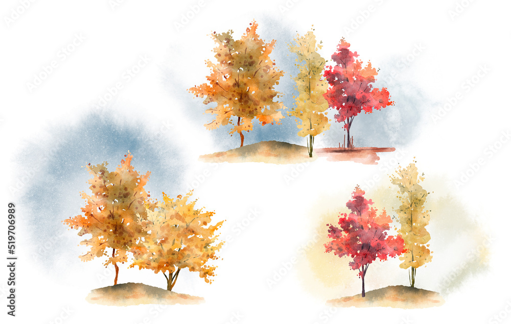 Watercolor hand drawn set with illustration of autumn colorful deciduous trees isolated on white background. Compositions with silhouettes of autumn season trees, blue sky abstract splash, stain.