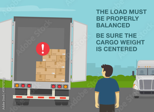 Heavy vehicle driving rules and tips. Checklist for truck drivers. The load must be properly balanced and centered. Semi-trailer loaded with cardboard boxes. Flat vector illustration template.