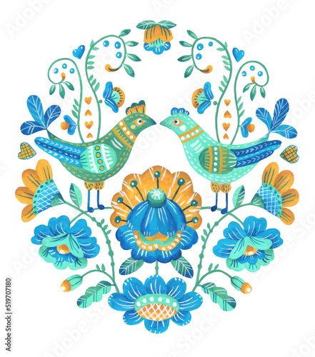 Decorative oval element with birds and flowers in Scandinavian folk style. The colors used are blue, mint and yellow. Drawing in gouache. Isolated image on a white background. 