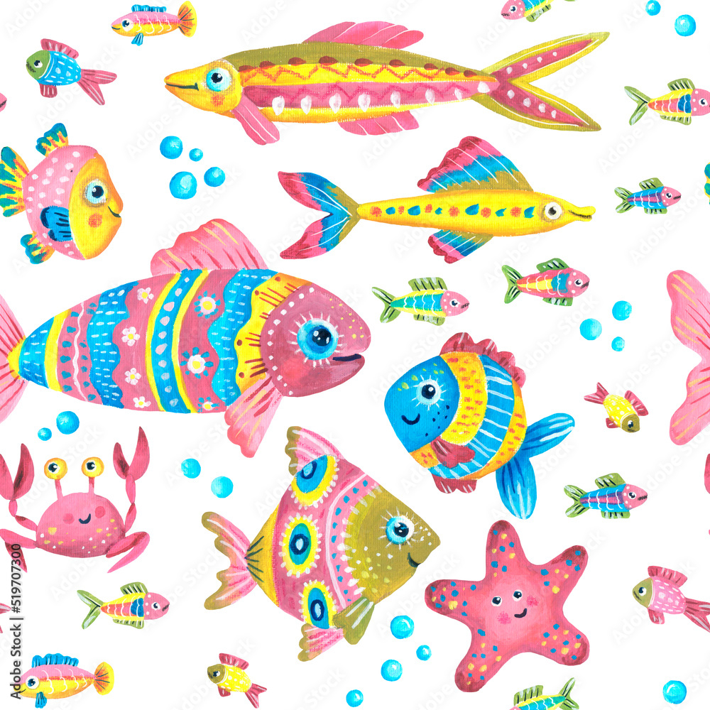 Seamless pattern of funny fish, starfish, crab. Children's illustration. Used pink, yellow, olive and blue colors. Drawing in gouache. Isolated image on a white background. Seamless pattern of funny fish, starfish, crab. Children's illustration. Used pink, yellow, olive and blue colors. Drawing in gouache. Isolated image on a white background.