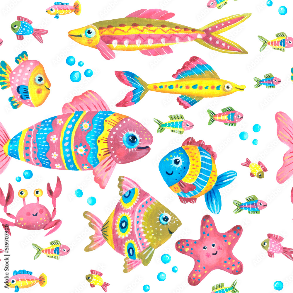 Seamless pattern of funny fish, starfish, crab. Children's illustration. Used pink, yellow, olive and blue colors. Drawing in gouache. Isolated image on a white background.