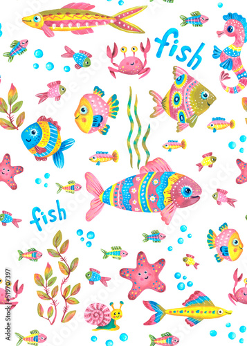 Seamless pattern of funny fish, starfish, crab and lettering. Children's illustration. Used pink, yellow, olive and blue colors. Drawing in gouache. Isolated image on a white background.