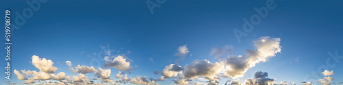 Dark blue sunset sky panorama with Cumulus clouds. Seamless hdr pano in spherical equirectangular format. Complete zenith for 3D visualization, game and sky replacement for aerial drone 360 panoramas.