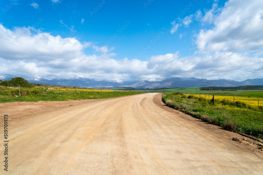farm road, dirt track with endless viewpoint towards mountains on a winter day in the Western Cape, South Africa
