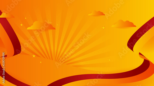 Modern red and orange flag star ribbon halftone and podium design background. Abstract background with trendy color for presentation design, flyer, social media cover, banner, nation festival banner