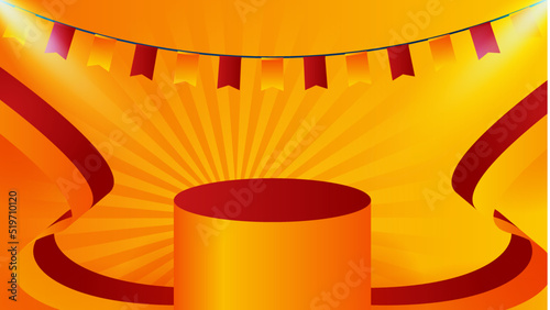 Modern red and orange flag star ribbon halftone and podium design background. Abstract background with trendy color for presentation design, flyer, social media cover, banner, nation festival banner