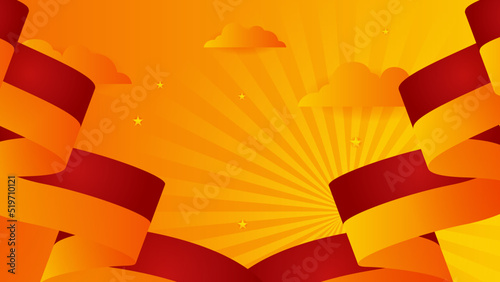 Modern red and orange flag star ribbon halftone and podium design background. Abstract background with trendy color for presentation design, flyer, social media cover, banner, nation festival banner