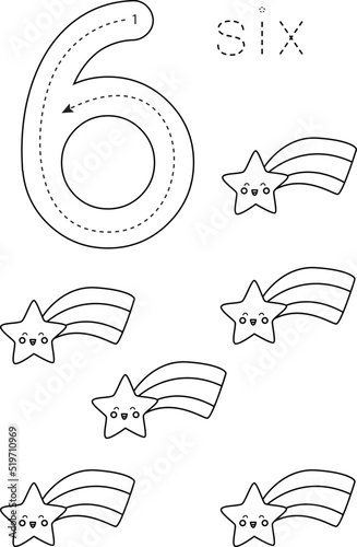 Flashcard number 6. Preschool worksheet. Black and white cute stars.