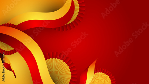 Modern red and orange flag star ribbon halftone and podium design background. Abstract background with trendy color for presentation design, flyer, social media cover, banner, nation festival banner