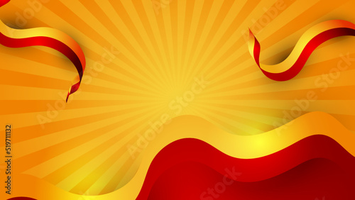 Modern red and orange flag star ribbon halftone and podium design background. Abstract background with trendy color for presentation design, flyer, social media cover, banner, nation festival banner
