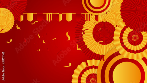 Modern red and orange flag star ribbon halftone and podium design background. Abstract background with trendy color for presentation design, flyer, social media cover, banner, nation festival banner