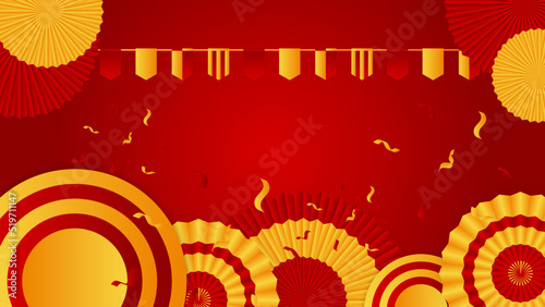 Modern red and orange flag star ribbon halftone and podium design background. Abstract background with trendy color for presentation design, flyer, social media cover, banner, nation festival banner