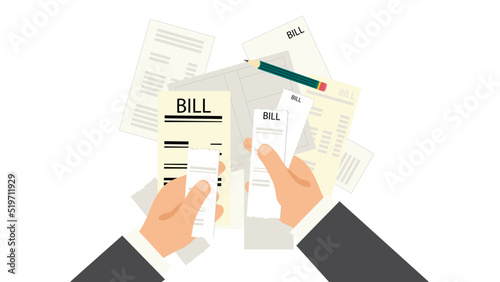 Vector illustration of man with checks. Payment of utilities, bank, bills, taxes in cartoon style.