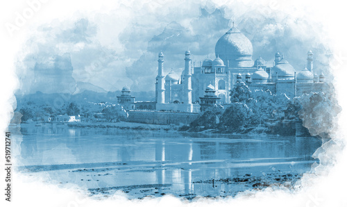 Hand painting Taj mahal landscape- Agra India. clouds background. Hand painted illustration