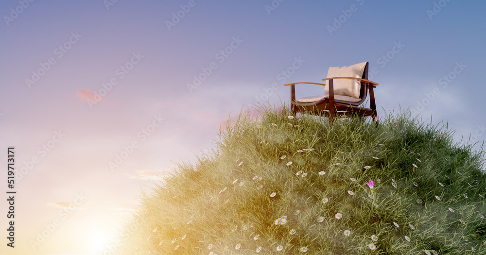 Obraz premium wooden chair on small hill with grass field meadow, environment and human friendly concept, 3d illustration rendering