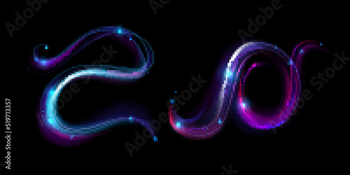 Neon magic swirl, wind effect purple twirl with stars and sparkles. Swirl of wand spell . Magician, wizard or fairy light, shiny trace isolated on black background Realistic 3d Vector illustration