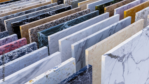 Modern kitchen backsplash of white marble slabs, floor tile, and granite color sample.