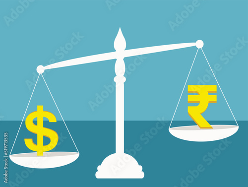 Balancing Dollar And Rupee, Scales currency concept, dollar and rupee signs on scales being weighed 
