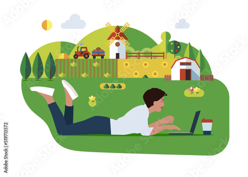 Businesswoman working on laptop on garden grass and flexible work hour character.