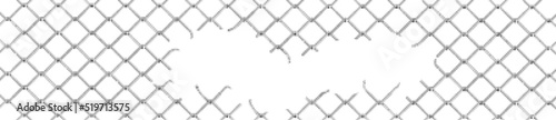 Fototapeta Naklejka Na Ścianę i Meble -  Broken wire fence, rabitz or chain link. Vector background of ripped metal mesh, steel grid or net with hole and wire cuts in center, damaged safety border, freedom concept, Realistic 3d illustration